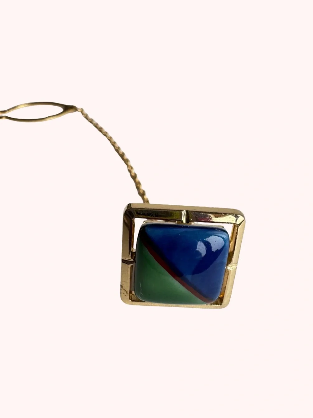 Vintage Gen Marked Cufflinks Tie Tack Blue Green Porcelain Gold Tone Square Gift